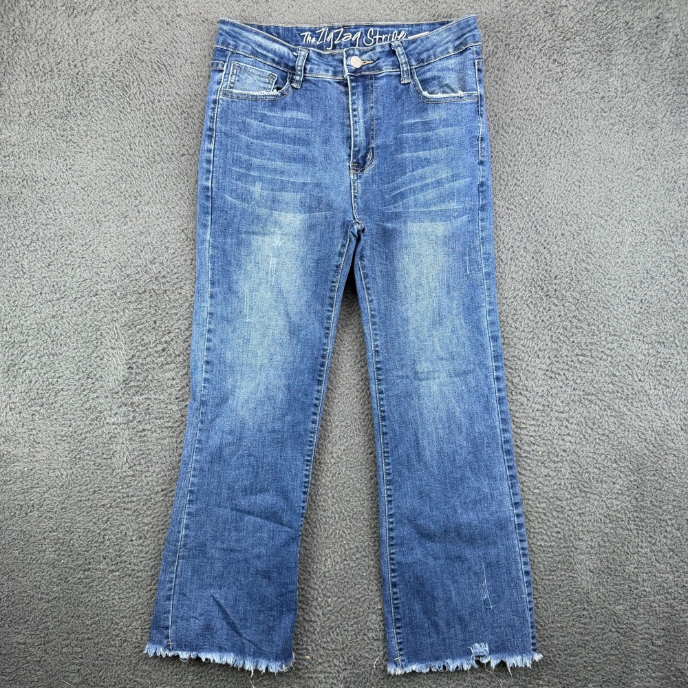 The ZigZag Stripe Womens Distressed Flare Jeans Blue Raw Hem Size 6 GP1011